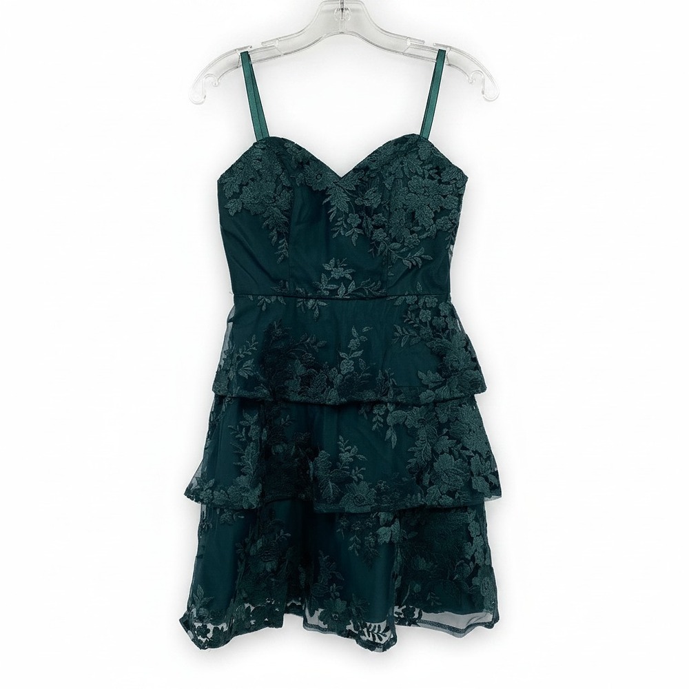 BCX Green Tiered Mesh Floral Mini Dress | Womens 3